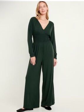 Old Navy Dark Green V-Neck Long Sleeve Wide-Leg Jumpsuit
